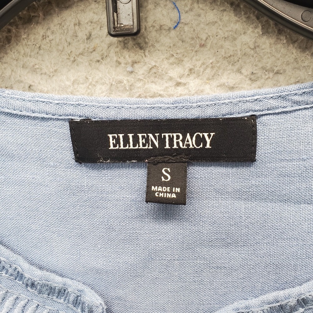 Ellen Tracy Tunic Top Women's S‎ Blue Embroidered Floral Cut V-Neck Slit Sleeve - Picture 6 of 8